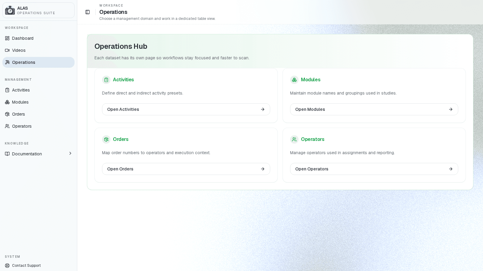 ALAS operations hub with activity, module, order, and operator setup links