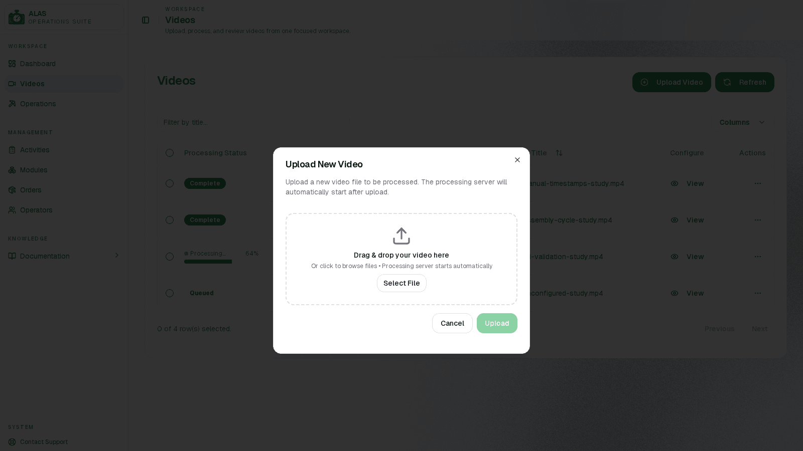 ALAS upload dialog with drag-and-drop video area