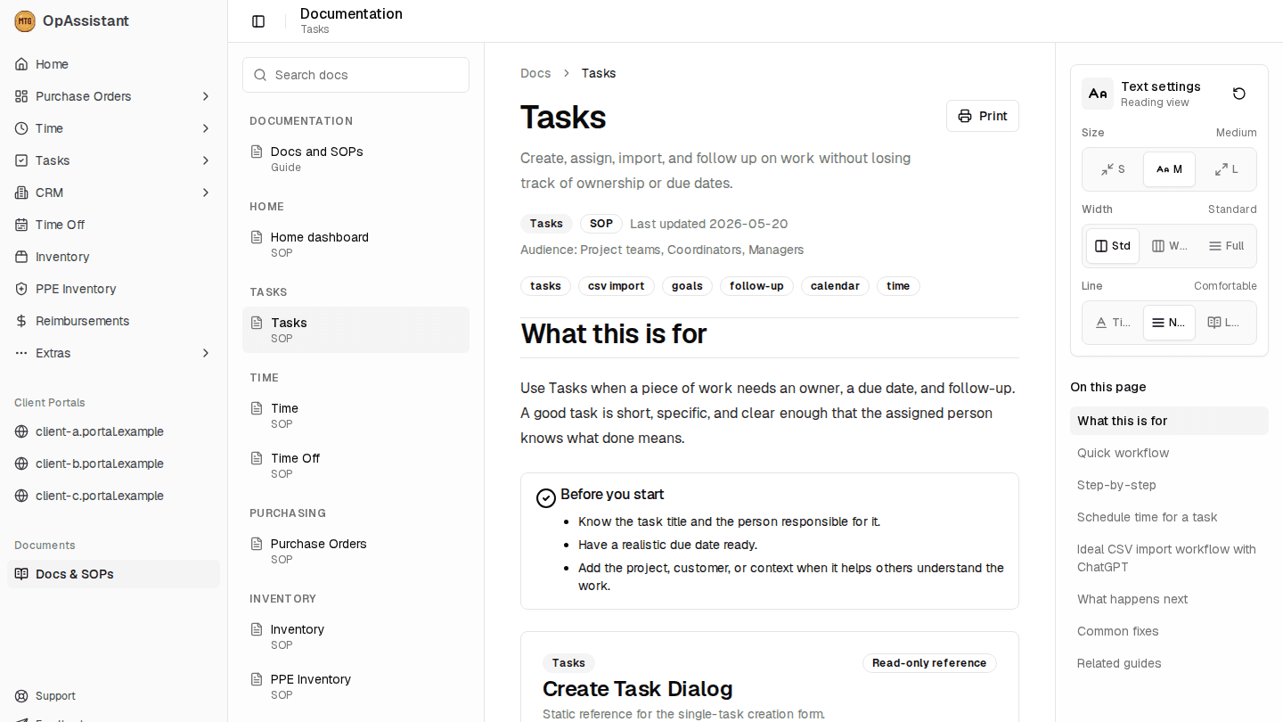 OpAssistant documentation workspace with module navigation and task SOP content